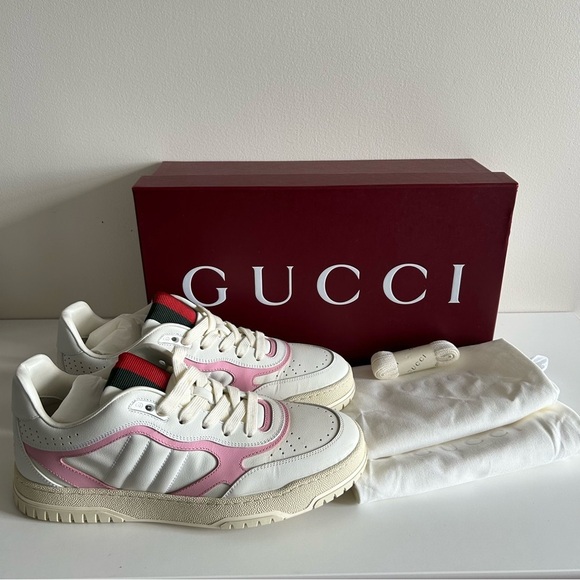 GUCCI 2024 Re-Web Low-Top Sneakers White Pink Leather Sz 40 - Picture 2 of 12